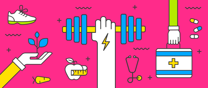 Health and wellness graphic with hand holding dumbbell, pills, stethoscope, apple, shoe, plants on bright pink background.