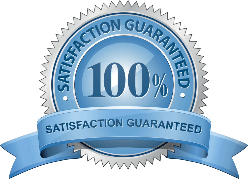 A blue satisfaction guaranteed seal with a blue ribbon