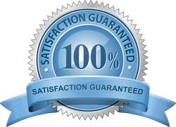 A 100 % satisfaction guaranteed seal with a blue ribbon