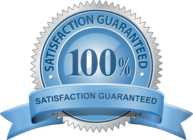 A blue satisfaction guaranteed seal with a blue ribbon