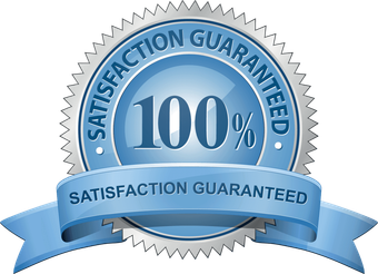A 100 % satisfaction guaranteed seal with a blue ribbon