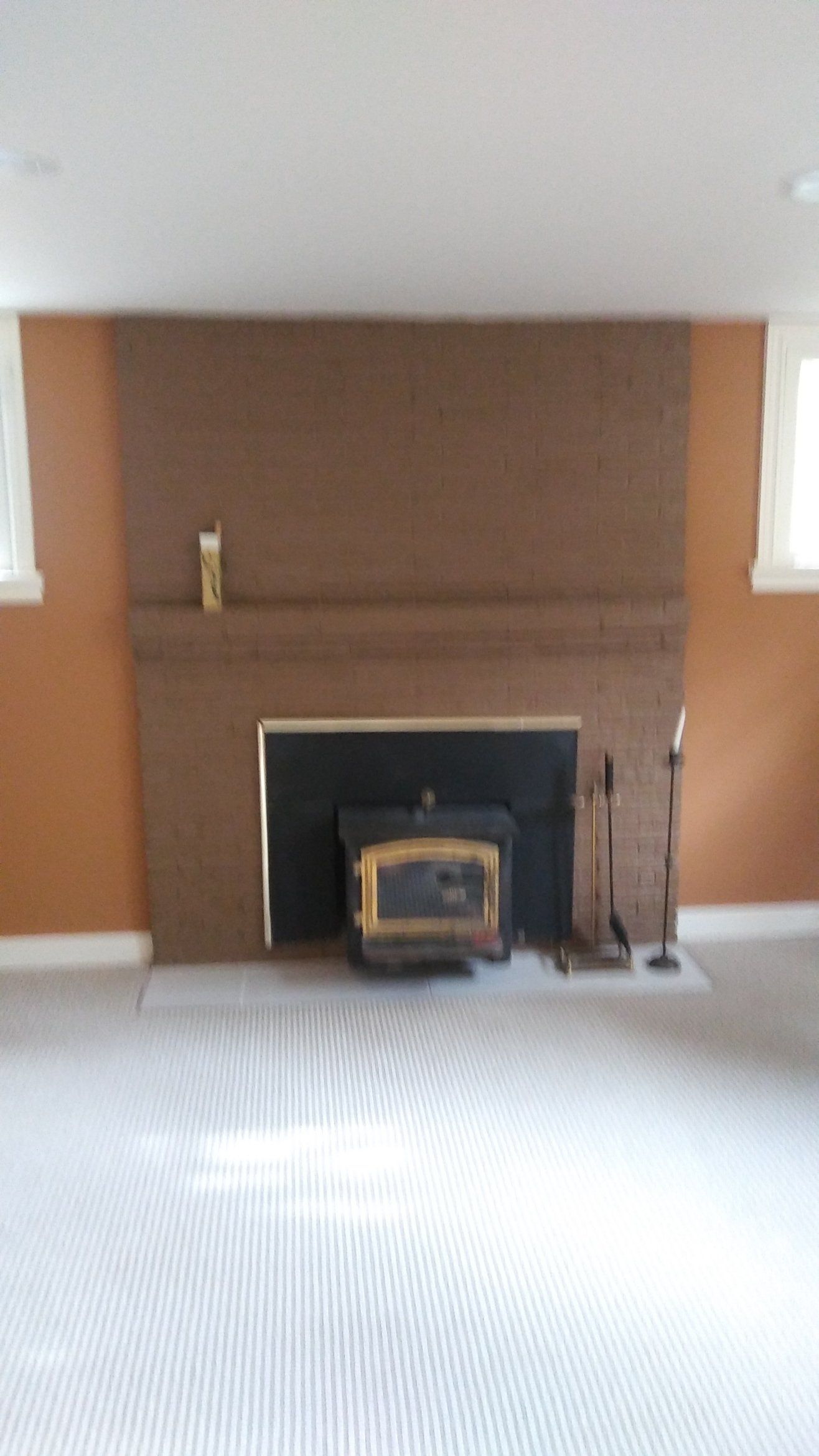 Empty living room with a brown fireplace wall and a black wood stove on light carpet.