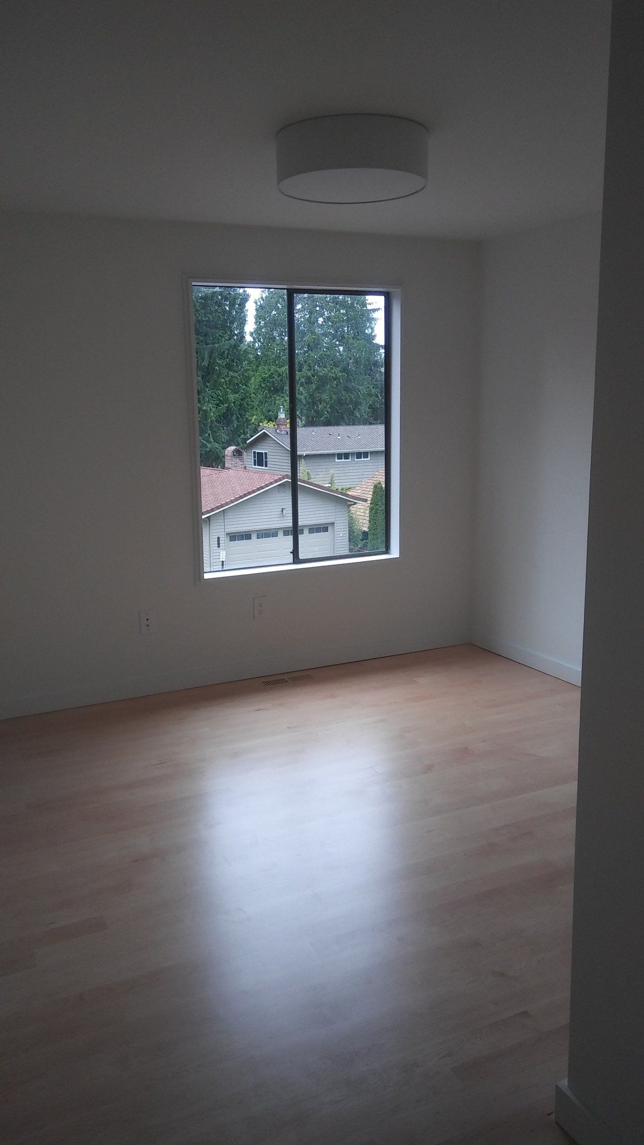 Empty white room with wood floor, a window, and a ceiling light fixture