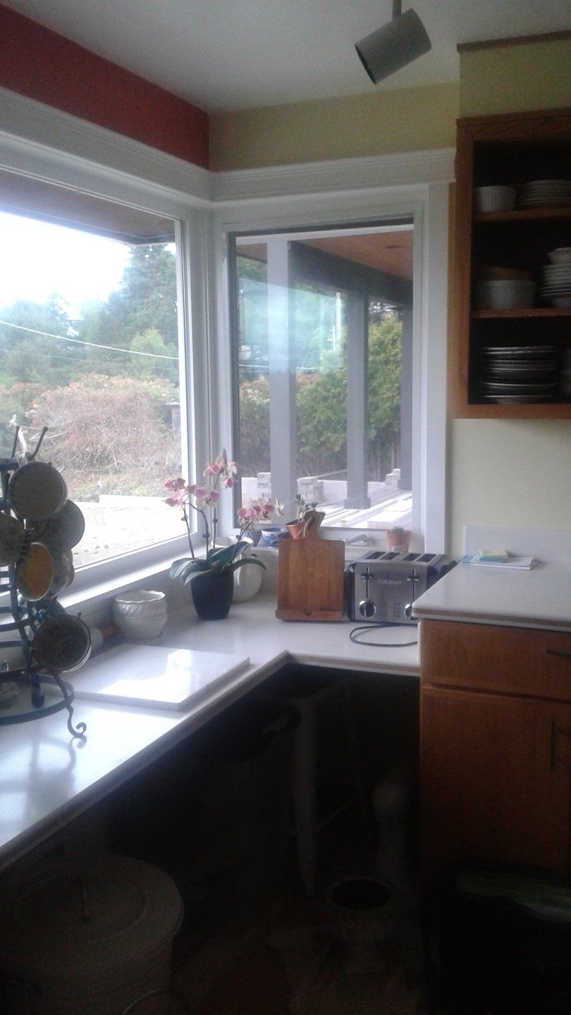 Bright kitchen corner with a sink, white-framed window, wooden cabinets, and a view of trees outside