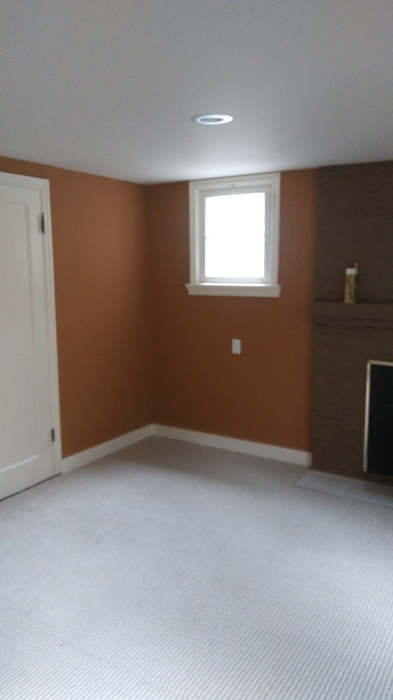 Empty room with brown walls, white carpet, small window, and a fireplace corner.