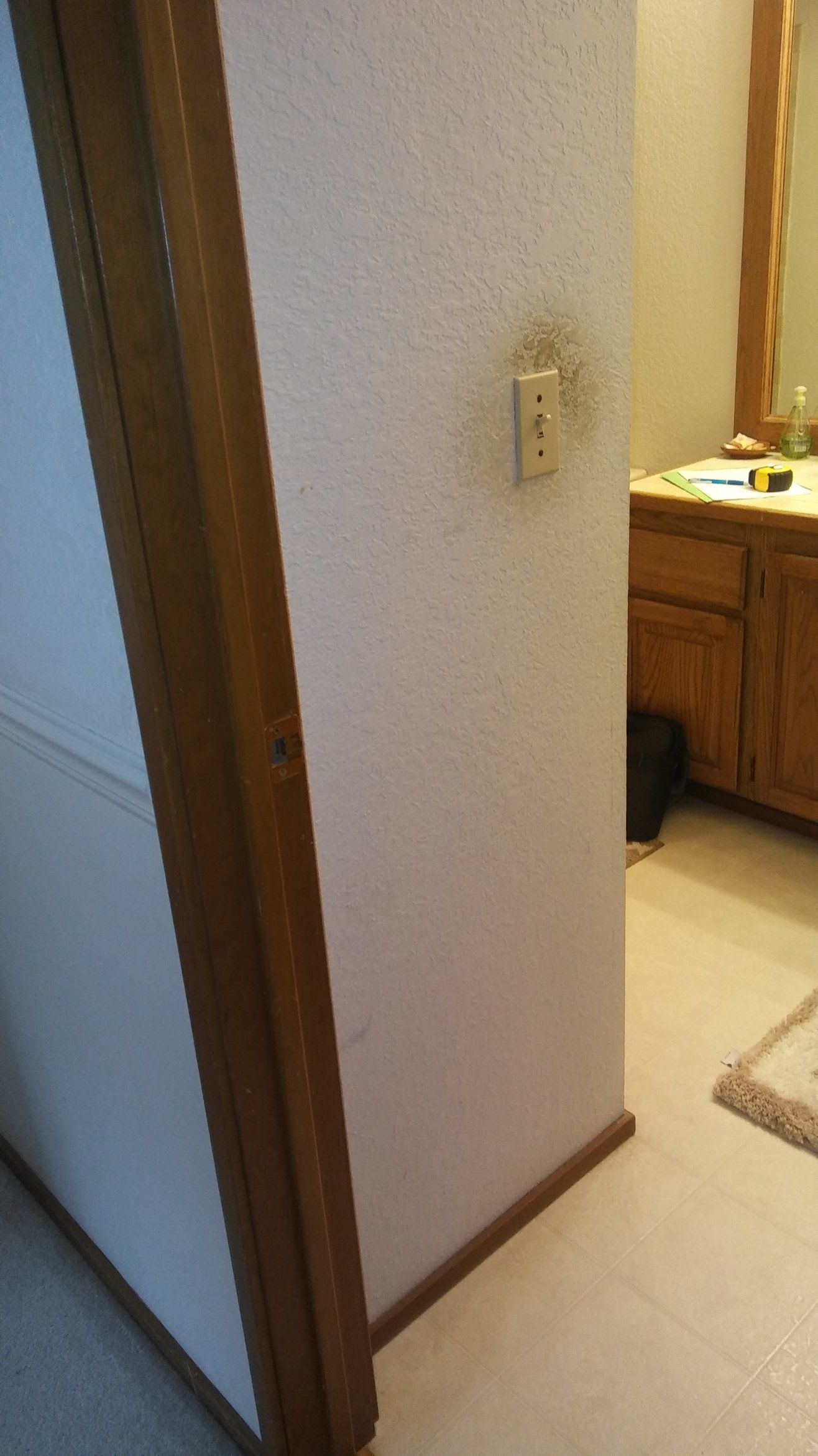 Hallway opening into a bathroom with white walls, wood trim, and a vanity visible inside