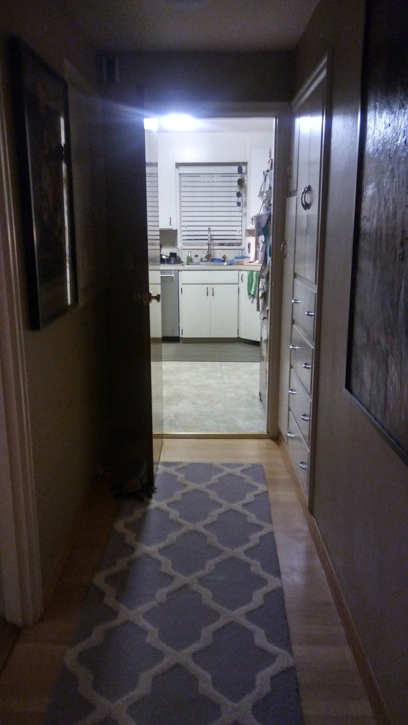 Dim hallway with a patterned runner leading to a bright kitchen at the end