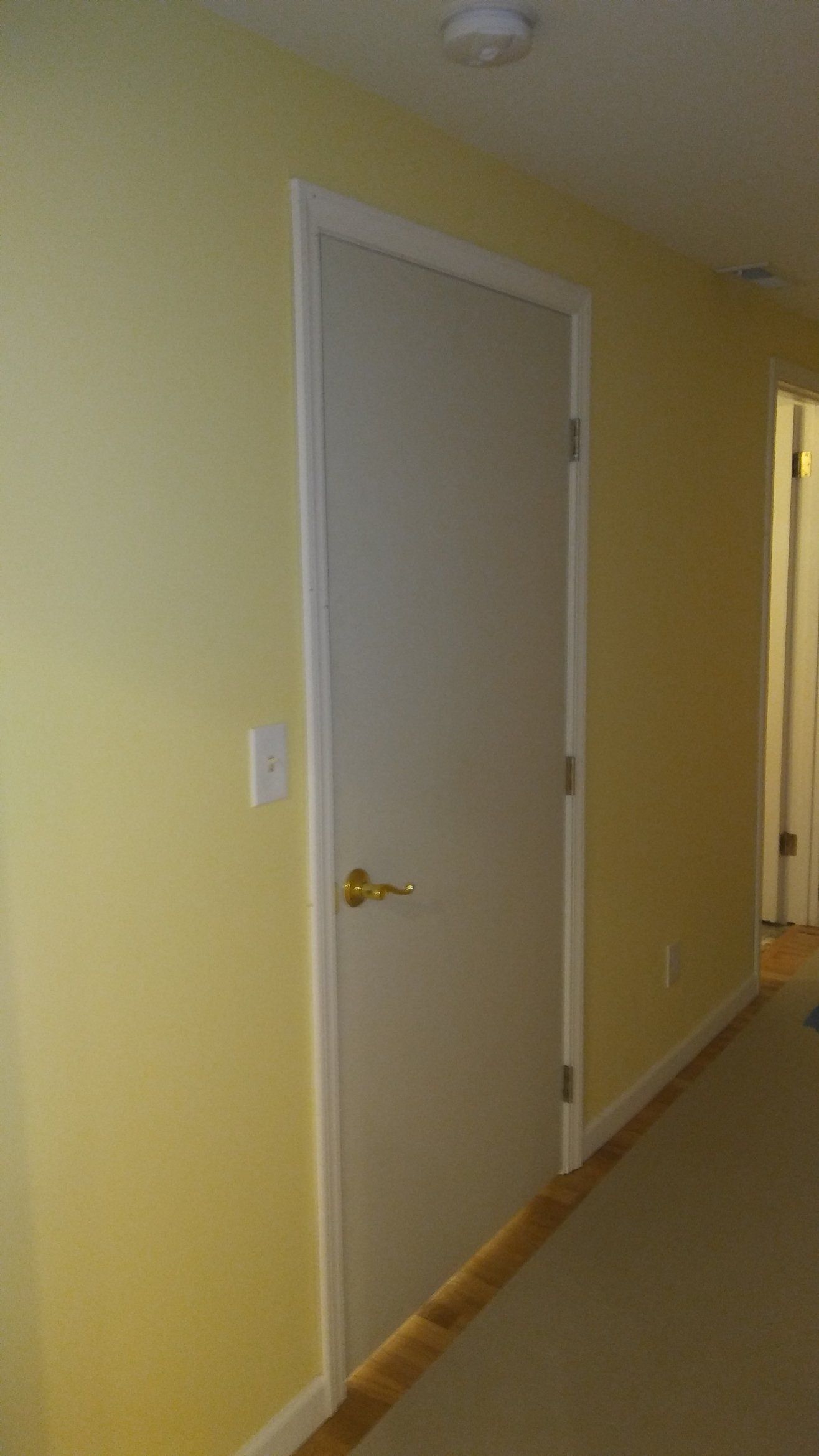 Hallway with a closed white door on a yellow wall and beige carpet.