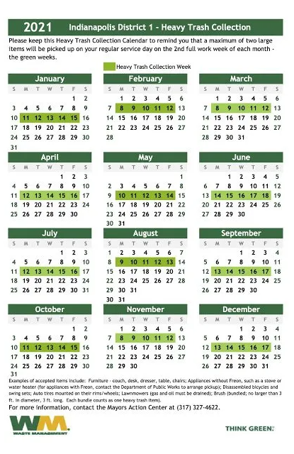 A calendar for the indianapolis district 1 heavy trash collection