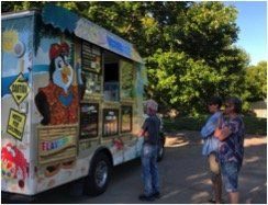 A group of people are standing in front of a food truck.
