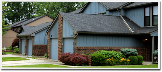 A row of houses with blue siding and a black roof