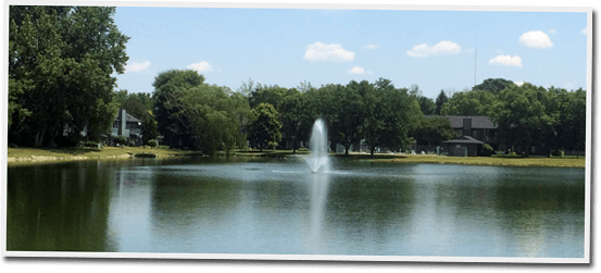 A pond with a fountain in the middle of it