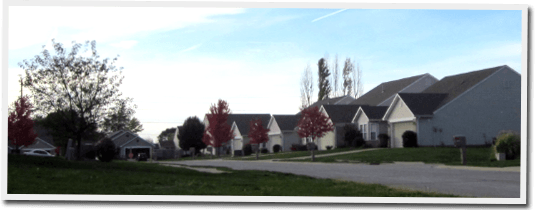 A row of houses with trees in front of them
