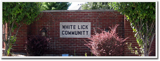 White lick community sign on a brick wall