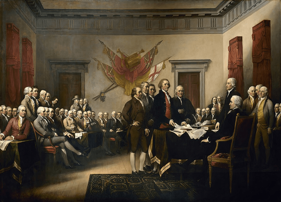 Depiction of the signing of the Declaration of Independence in Independence Hall.