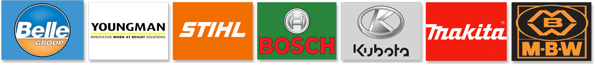 Logos of the products our hire centre supplies, including Makita, Stihl, and more