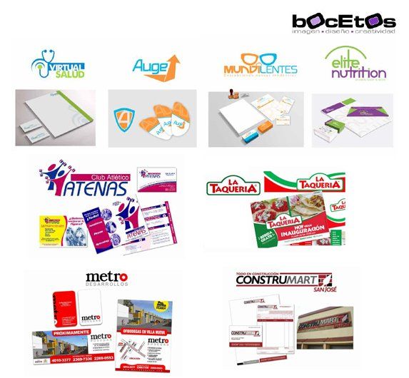 Collage de logotipos de marcas de farmacias y tiendas minoristas en etiquetas y maquetas de envases, incluyendo Bcetas, Atenas, Metro y Construmart.