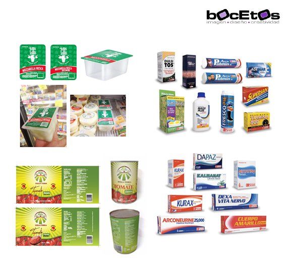Collage de diseños de envases de productos Bocetos en verde y blanco, incluyendo cajas, vasos, sobres y envoltorios.