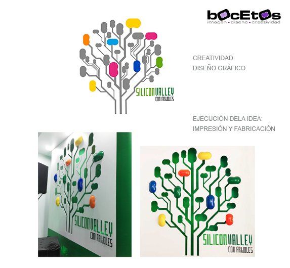 Logo de árbol multicolor para “Silicon Valley”, con ejemplos de diseño gráfico e impresión.