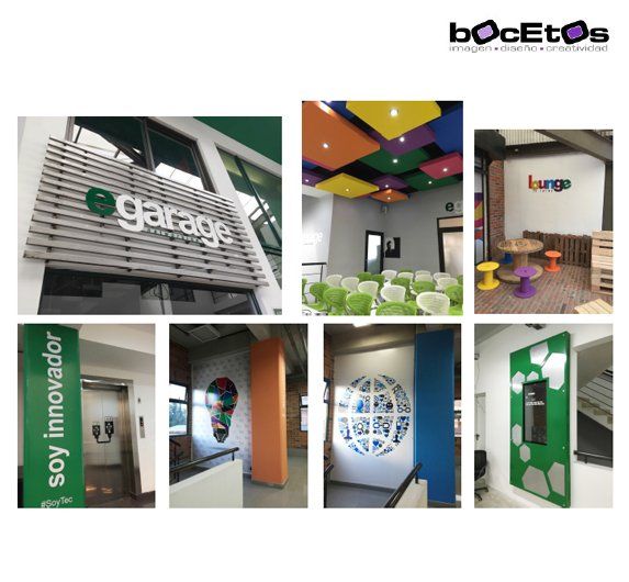 Collage de interiores coloridos de oficinas y tiendas con marcas modernas y gráficos decorativos en las paredes.