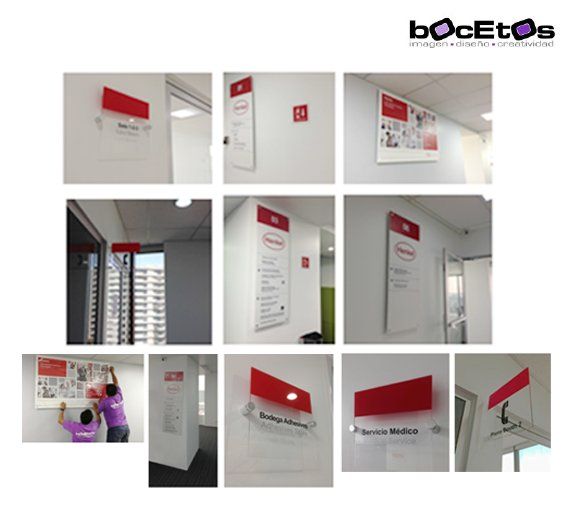 Collage de letreros rojos y blancos en los pasillos de una oficina y placas en las puertas de un edificio moderno.