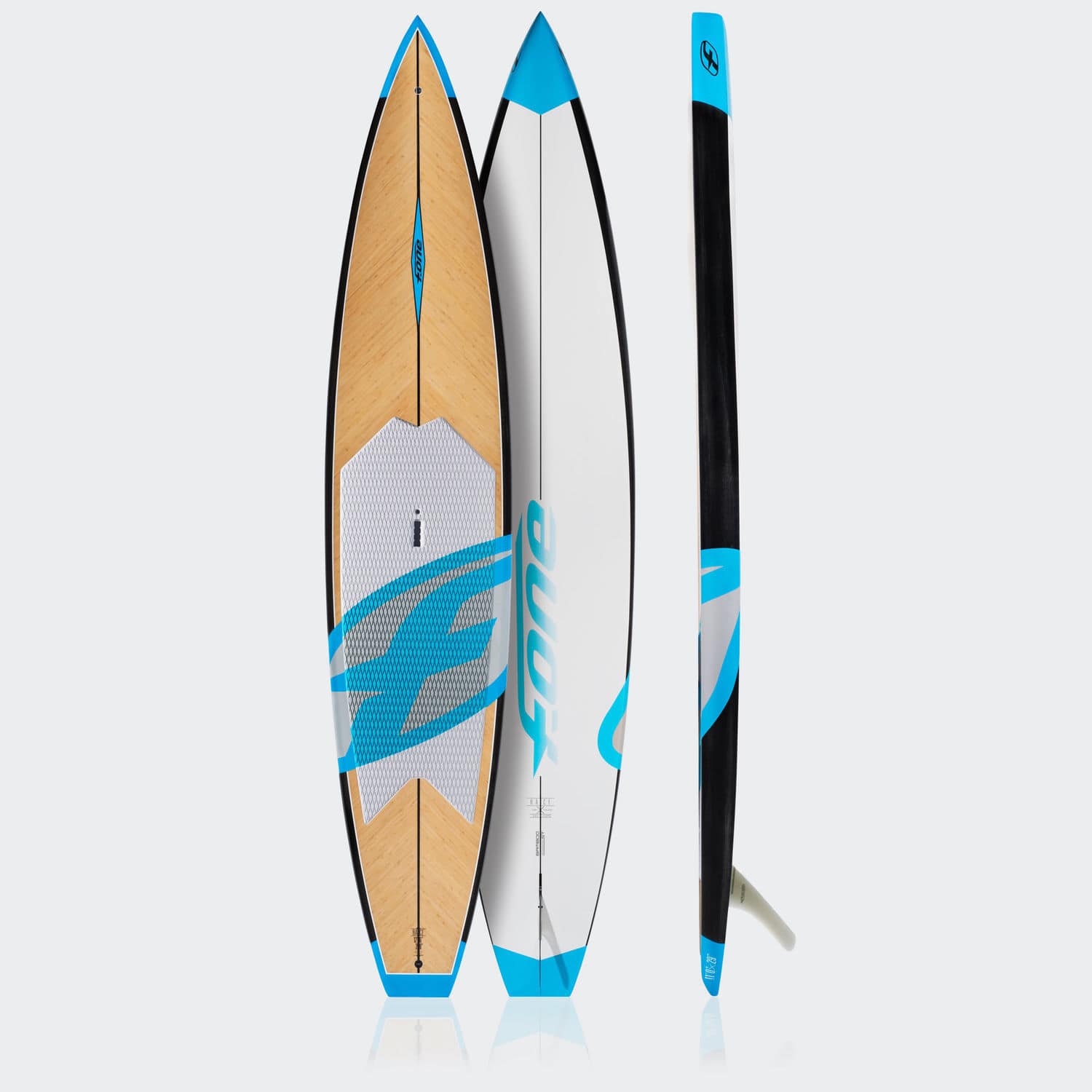 A surfboard with a blue and white stripe on the side