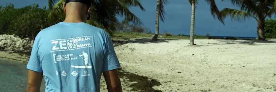 A man in a blue t-shirt is standing on a beach.