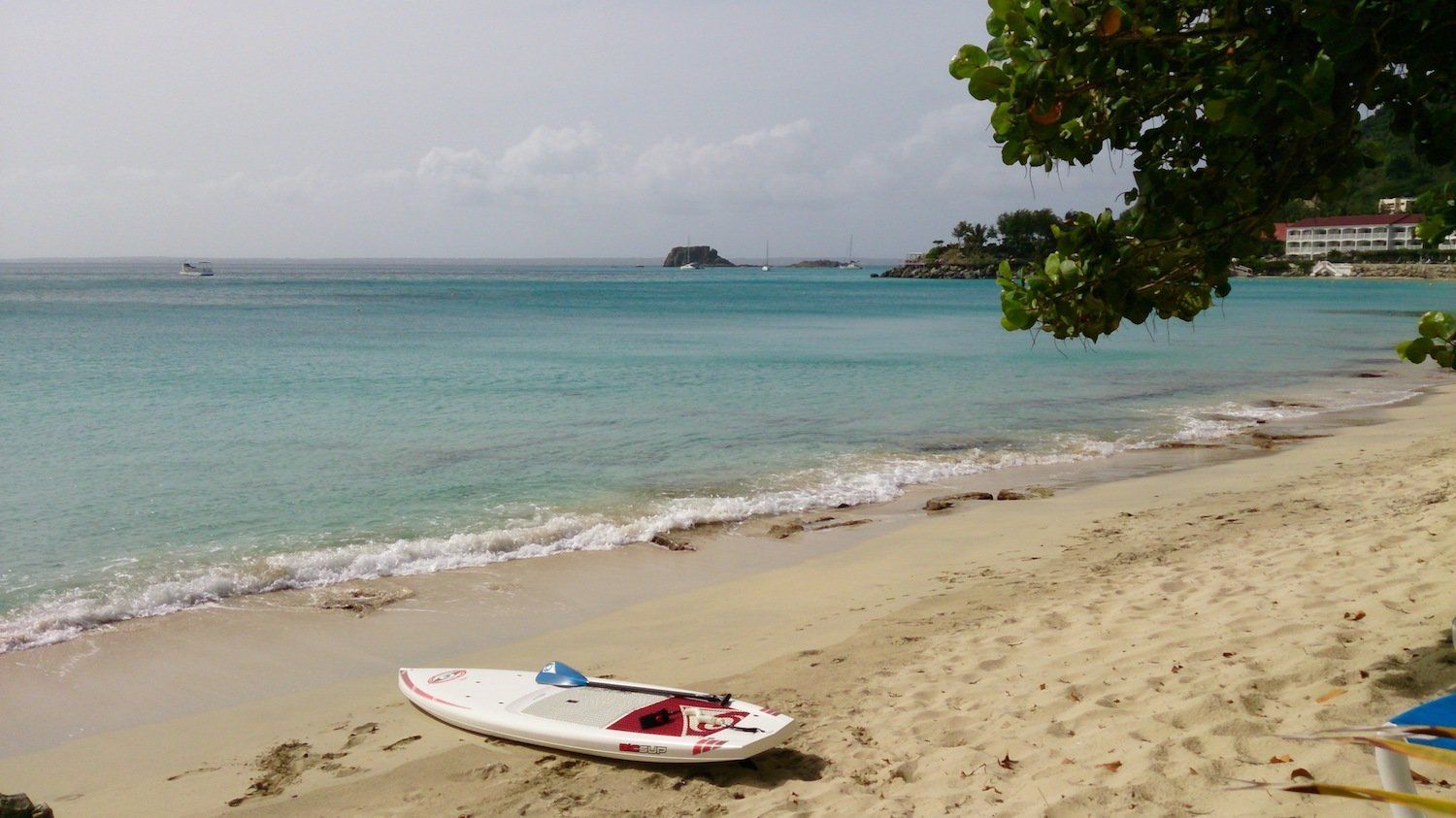 A surfboard is sitting on the beach near the water