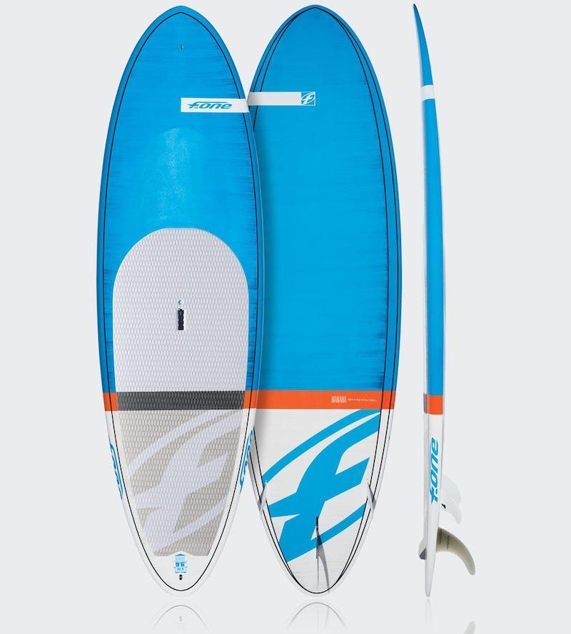 A blue and white surfboard with the letter f on it