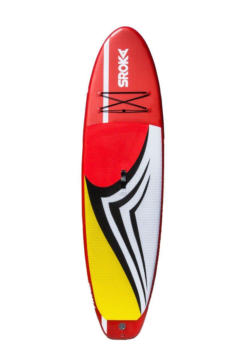 A red and yellow surfboard with the word rok on it