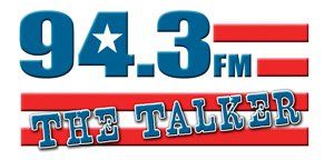 A red white and blue logo for 94.3 fm the talker