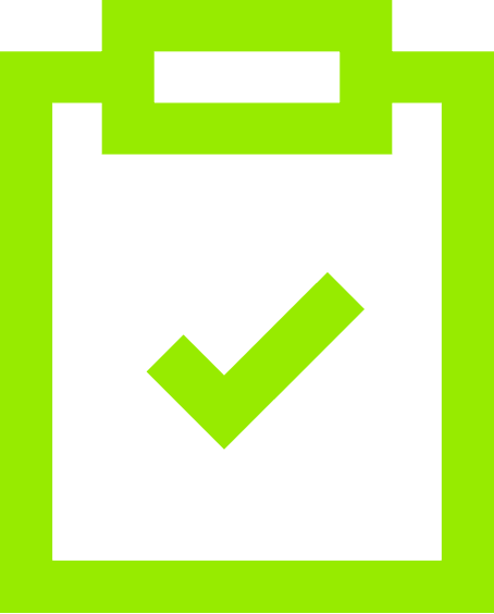 A green clipboard with a green check mark inside of it.