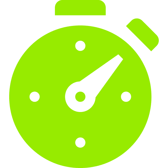 A green icon of a stopwatch with a white face on a white background.