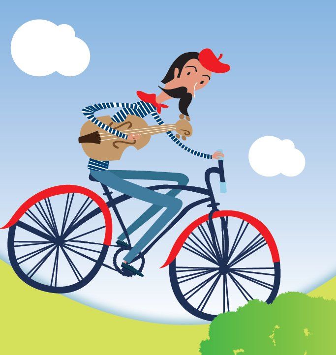 A man riding a bike with a guitar around his neck