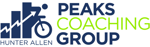 The logo for peaks coaching group shows a person riding a bike.
