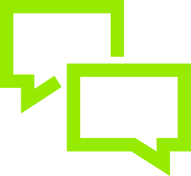 A pair of green speech bubbles on a white background.