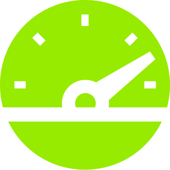 An icon of a speedometer in a green circle on a white background.