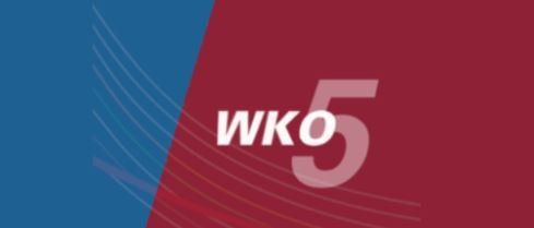 A wko 5 logo on a blue and red background