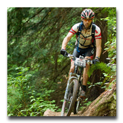 A man is riding a mountain bike on a trail with a number on the front of the bike.