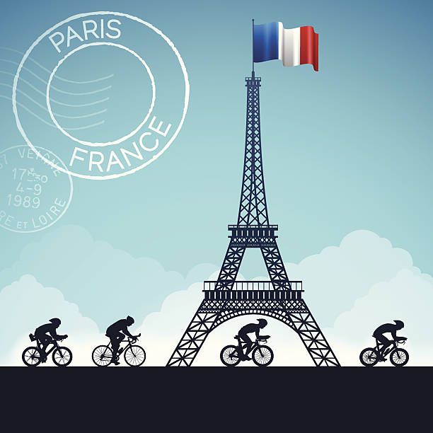 A group of people riding bicycles in front of the eiffel tower