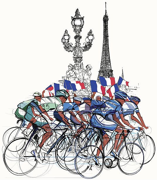 A group of cyclists are riding in front of the eiffel tower in paris.