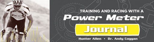 A man is riding a bike with the words training and racing with a power meter journal.