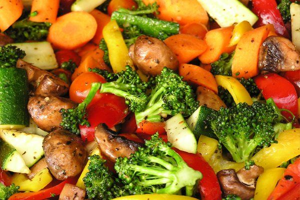 A close up of a variety of vegetables including broccoli and mushrooms