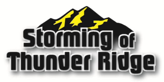 A logo for storming of thunder ridge with a mountain in the background