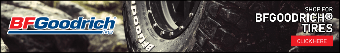 BFGoodrich tires banner featuring a tire on a rocky surface with a