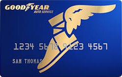 A blue Goodyear Auto Service credit card featuring a gold winged-sandal logo and the name Sam Thomas.