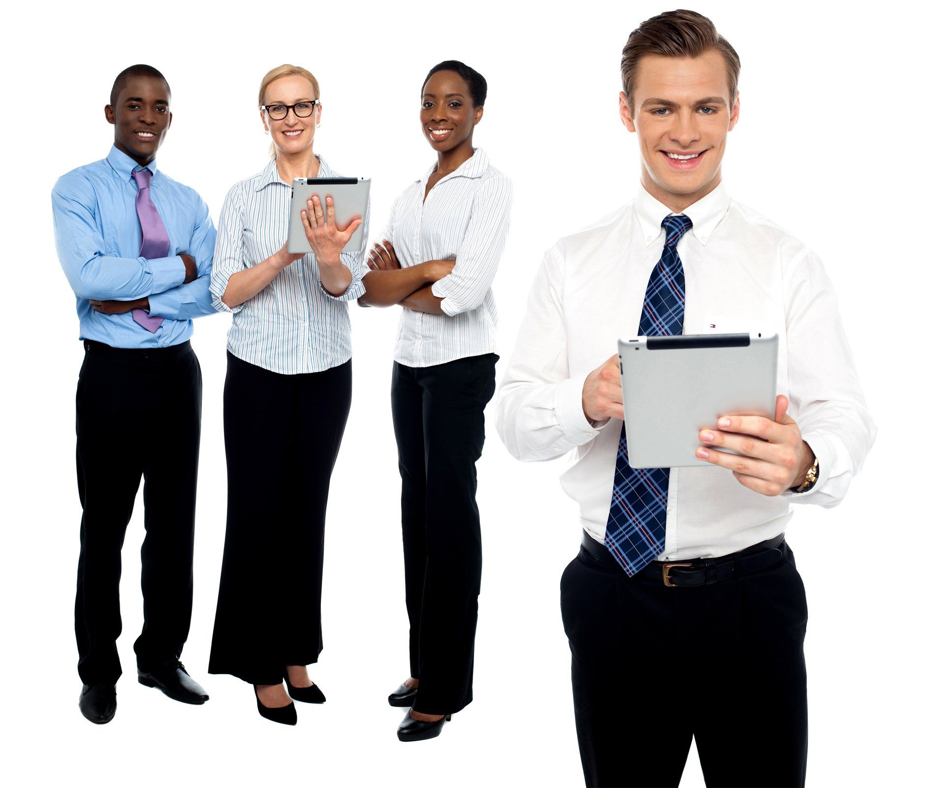 A man is holding a tablet in front of a group of business people.