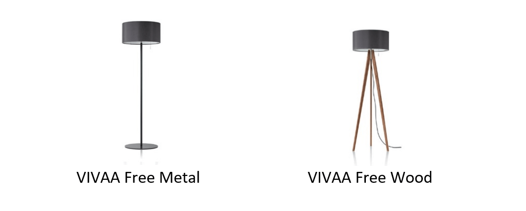Zwei Stehlampen aus Metall und Holz auf weißem Hintergrund.