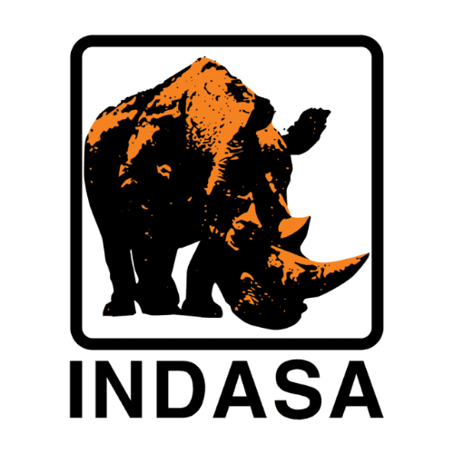 Black rhinoceros logo in orange and black above the word “INDASA”