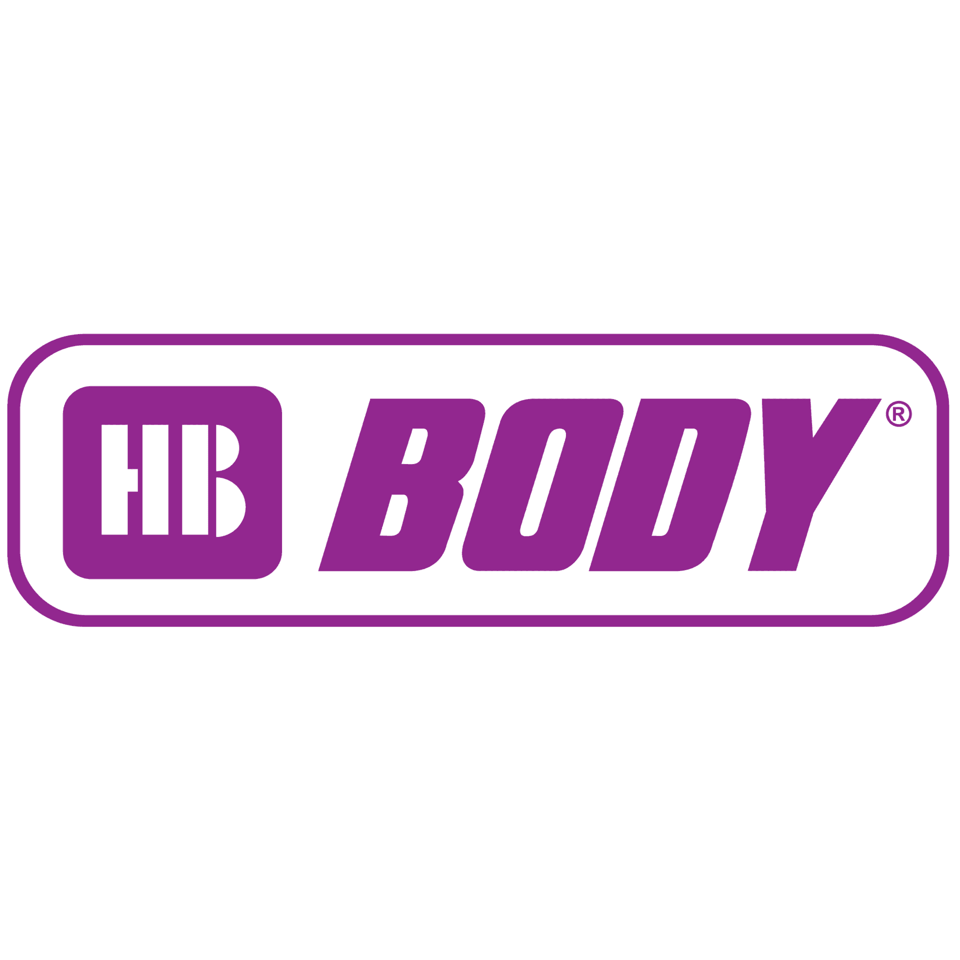HB BODY logo in purple and white inside a rounded rectangle